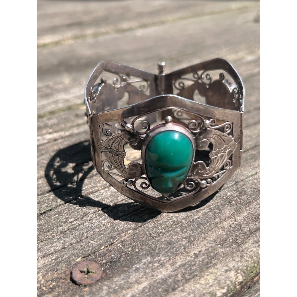 MCM Mexican Sterling Silver 0.925.M Hinged Green Onyx Filigree Panel Bracelet